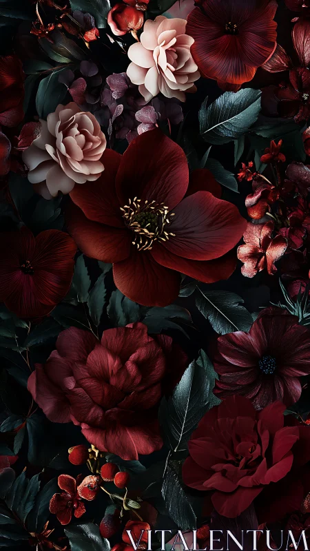 Dark Floral Arrangement with Crimson and Blush Blooms.