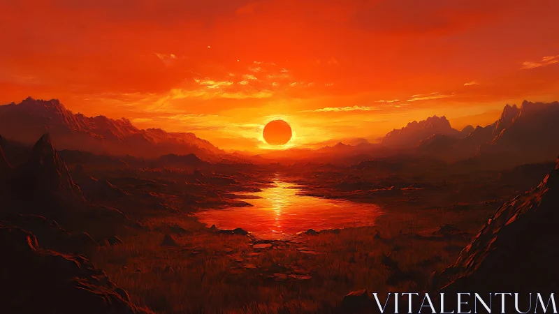 Red alien landscape shows dark sun over reflective river
