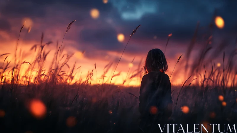 Twilight embers crown a lone dreamer in the silent field