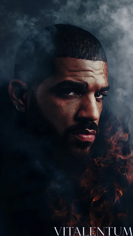 Intense male portrait framed in swirling smoke and fire.