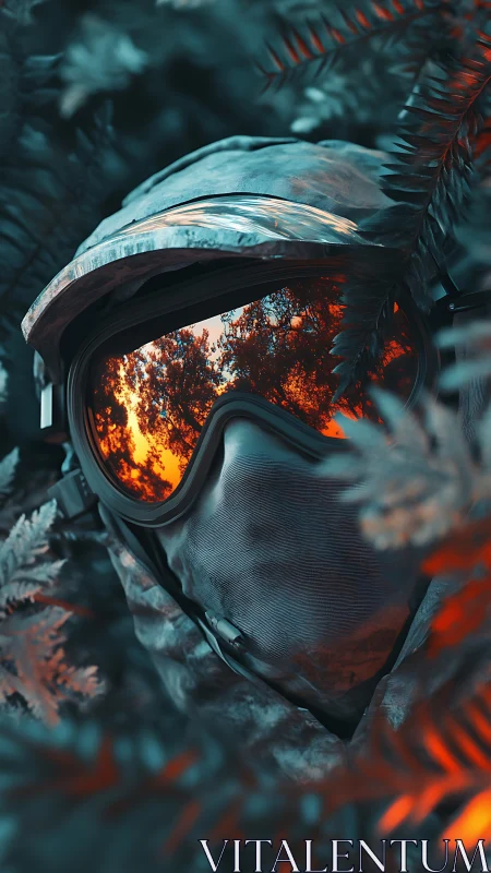 Camouflaged tactical operator with neon visor reflection in ferns