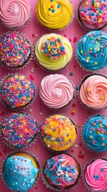 Colorful decorated cupcakes arranged in grid pattern on pink background