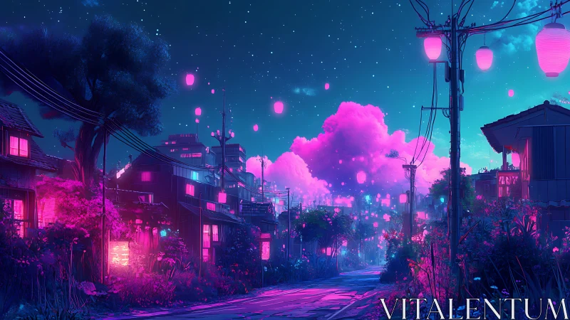 Neon lit residential street under night sky with lanterns.