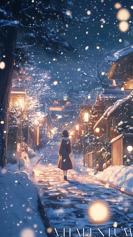 Snowy night alley with solitary girl under warm lanterns.