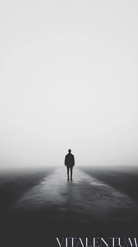 Solitary human figure on wet reflective ground in dense fog