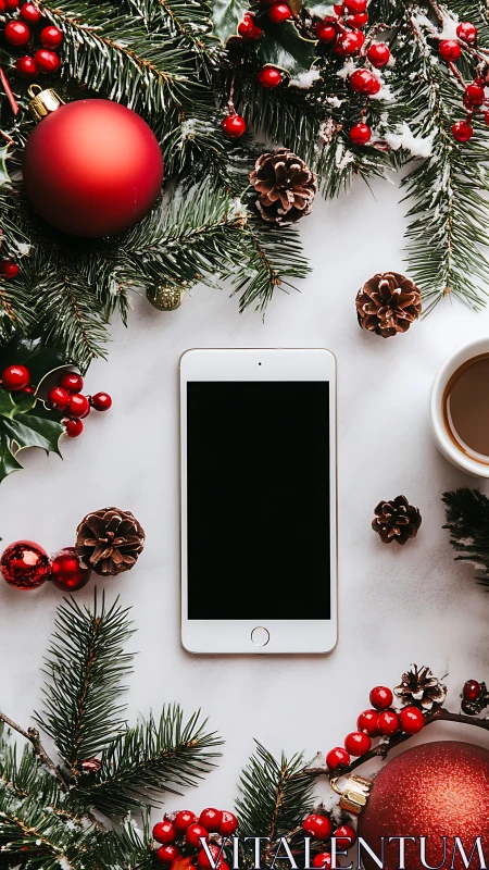 Smartphone framed by festive Christmas greenery and baubles.