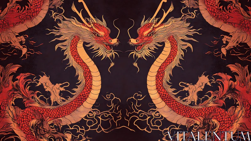 Twin crimson dragons mirror in ornate symmetrical scrollwork.