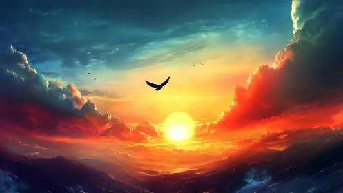 Soaring into a glowing sky of firelit clouds and calm seas.