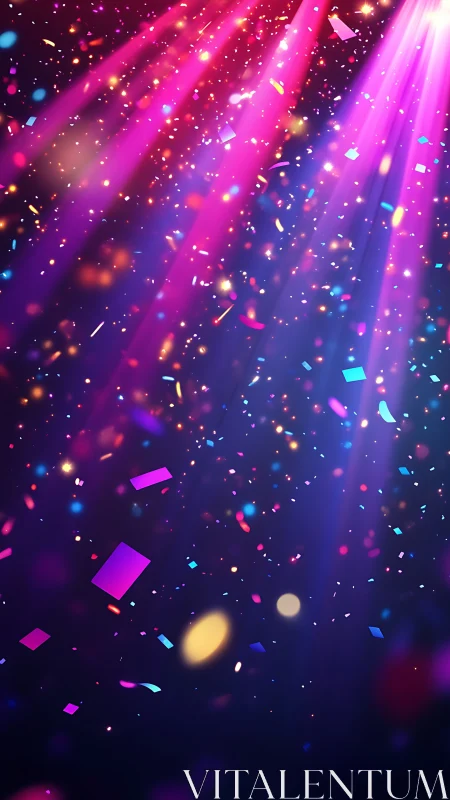Vibrant neon confetti falls through radiant stage lights.