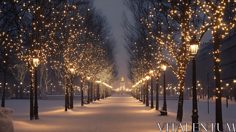 Snow covered boulevard with symmetrical winter tree lights at dusk