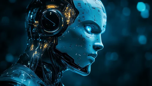 Cyberpunk chrome android portrait in luminous profile view.