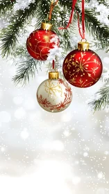 Three glass ornaments hang from a snow covered fir branch