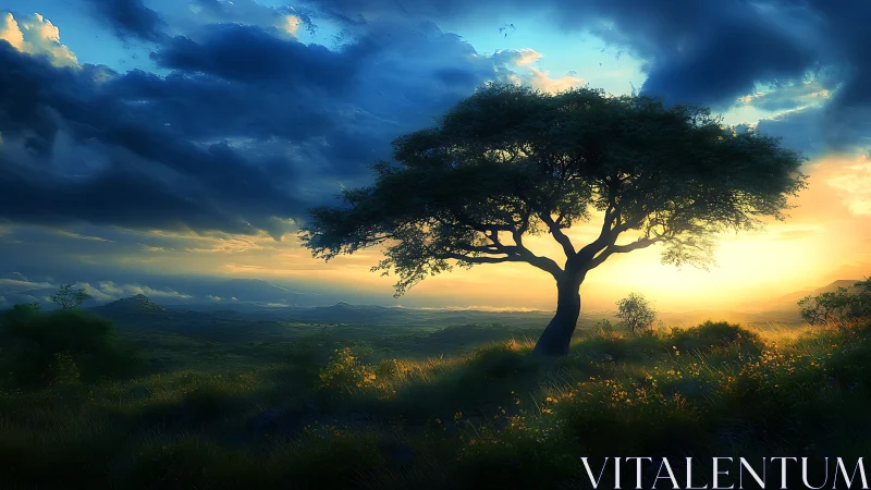 Lone acacia tree silhouette at atmospheric sunrise over valley