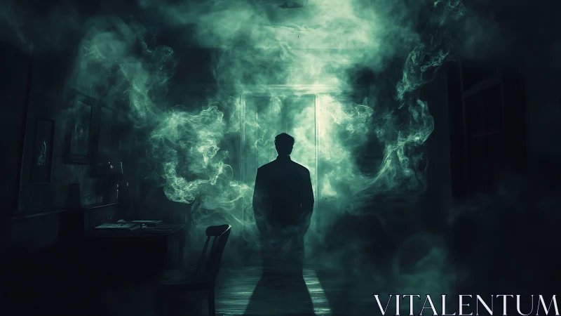 Silhouetted man stands before bright doorway amid swirling smoke