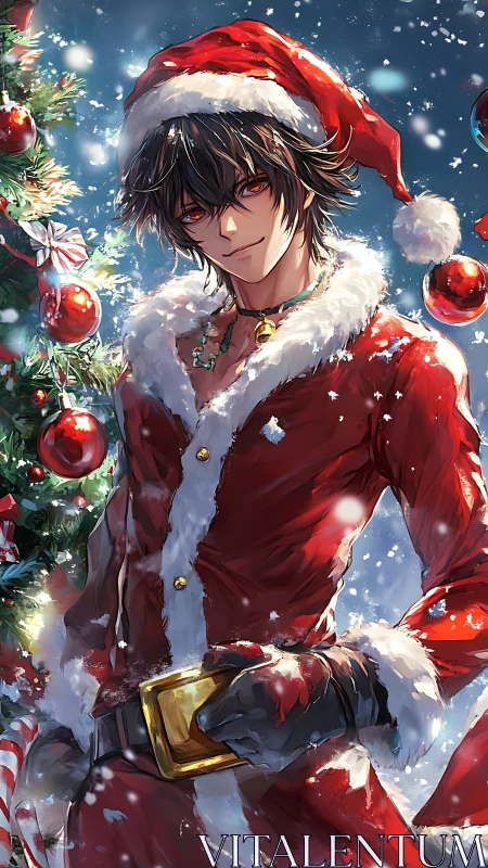 Dark-eyed anime Santa poses beside glowing Christmas tree.