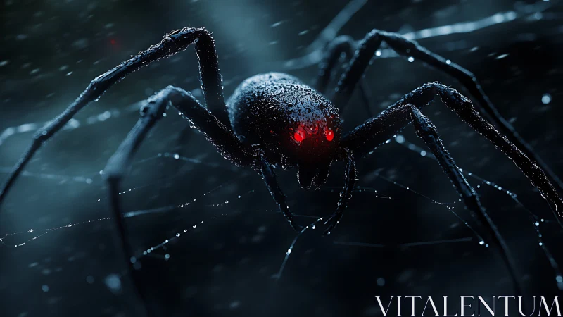 Spider with red luminescent eyes occupies center of wet web