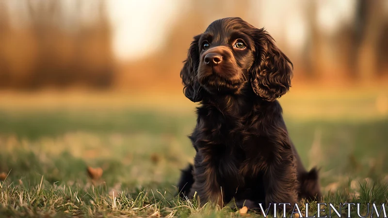 Sunlit chocolate spaniel pup pausing in golden grasslands.