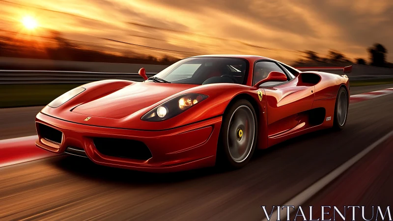 Scarlet supercar cuts through a racetrack at blazing sunset speed