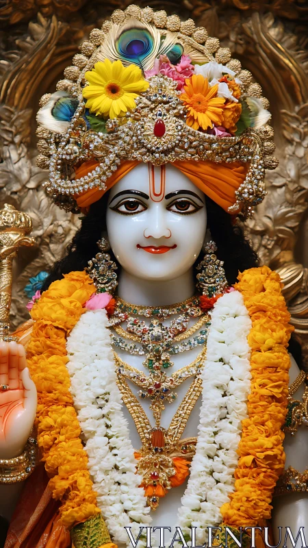 Radiant deity adorned with marigolds, jewels, and gentle grace.