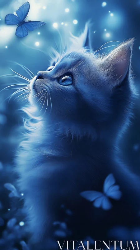 Blue Feline with Luminescent Butterfly: Digital Fantasy Illustration