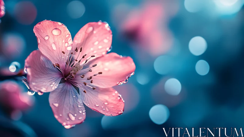 Pink Flower Petals with Water Droplets Against Blue Background