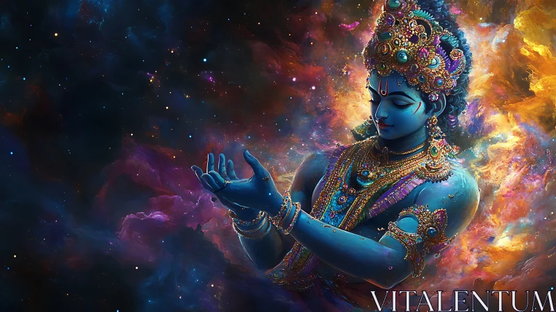 Blue-skinned jeweled figure is rendered against nebula clouds