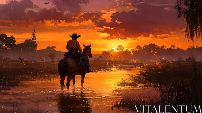 Cowboy on horseback crossing shallow wetland at sunset.
