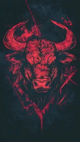 Vivid crimson bull head over dark grunge splatter field.