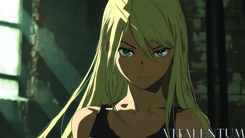 Stoic blonde anime warrior in shadowed industrial ruins.