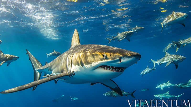 Great white shark leading dynamic open-ocean hunting scene.