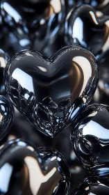 Glossy Black Glass Hearts Illuminated With Reflective Shine.