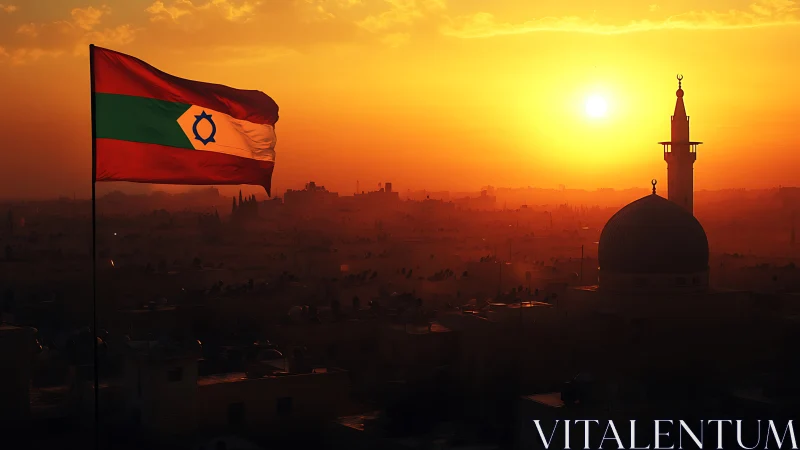 Sunlit city skyline with bold tricolor flag at dusk.