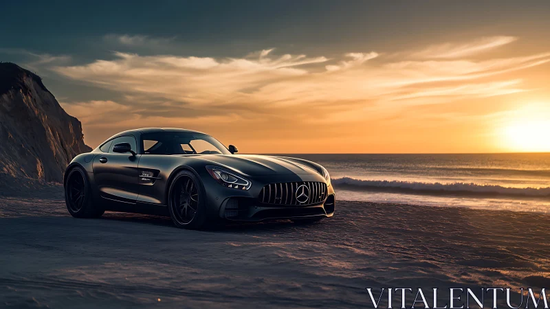 Sunset sprint: sleek black supercar prowls the shoreline.