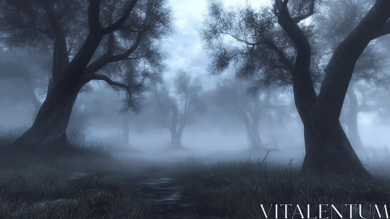 Dense fog among leaning trees along a narrow forest path.