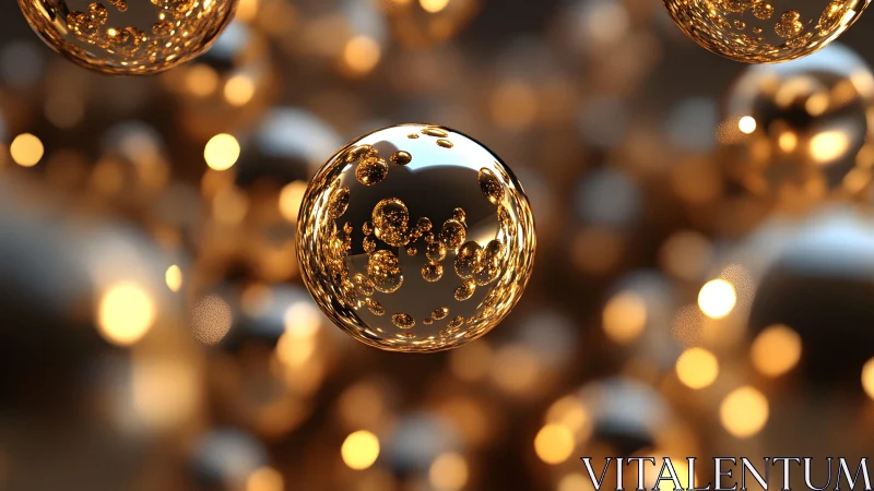 Reflective glass spheres with golden bokeh and internal bubbles