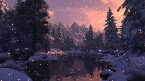 Snow-covered conifer forest and river at dusk with sparks.