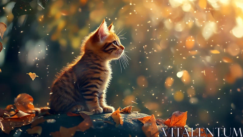 Solitary Tabby Kitten in Autumnal Bokeh with Luminous Particle Effects.