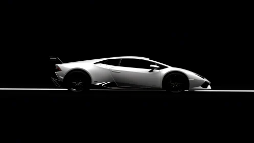 Silver supercar profile on black background in sharp light.