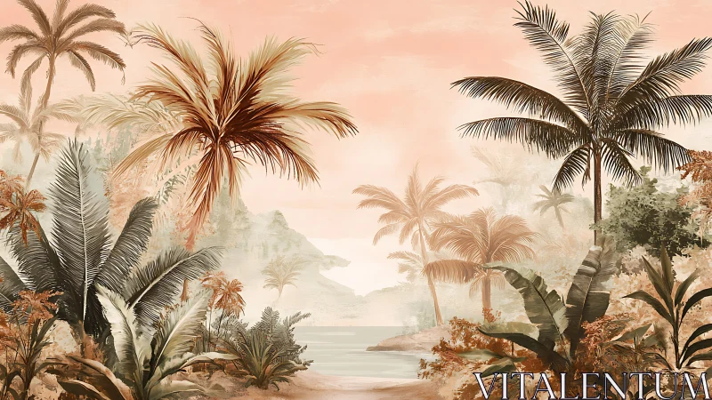 Muted tropical coastline with layered palm vegetation.