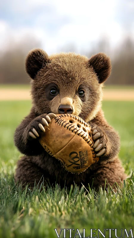 Photorealistic brown bear cub clutching worn leather baseball glove