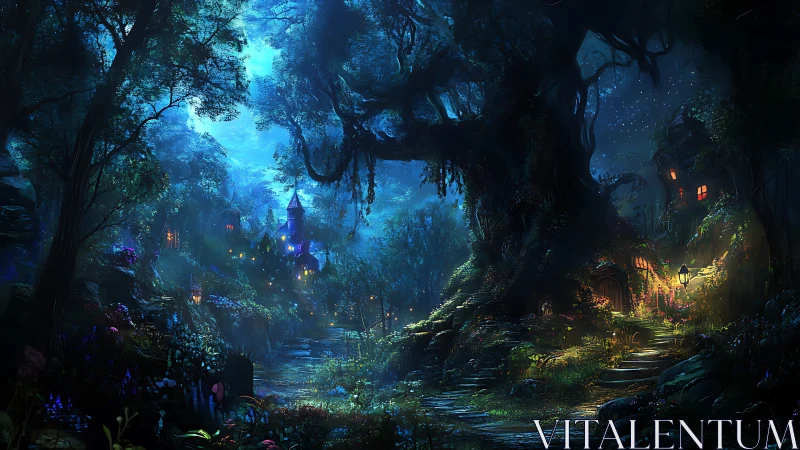 Enchanted forest castle illuminated beneath ancient trees.