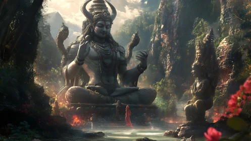 Colossal Shiva statue dominates misty jungle shrine environment