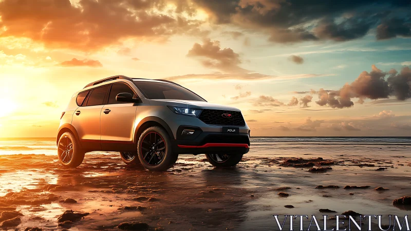 Compact silver SUV parked on reflective beach at sunset.