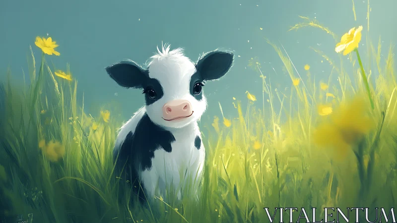 Sunlit meadow calf with buttercup-bright curiosity gaze.
