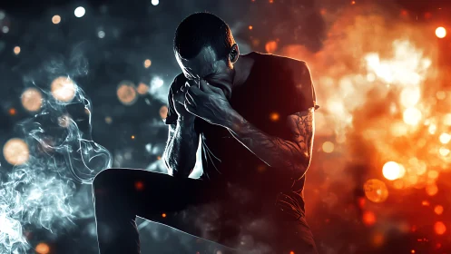 Tormented silhouette kneels between cold smoke and burning light.