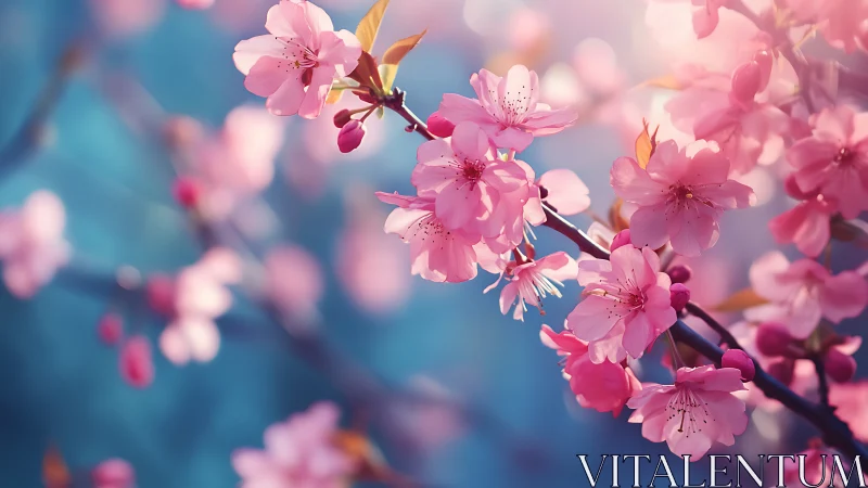 Pink cherry blossoms cluster on dark branches against soft blue bokeh background