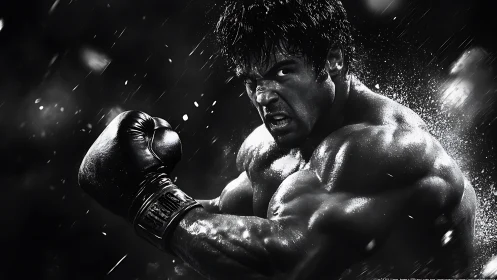 Boxer in rain, muscular fighter in combat stance with gloves.