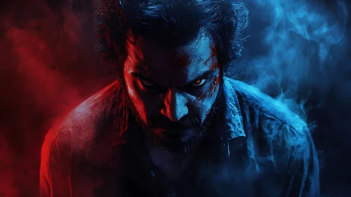 Intense antihero in red and blue haze stares you down.