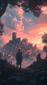 Lone wanderer gazes upon a misty medieval city at dusk