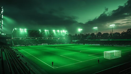 Floodlit football stadium under vivid green night sky.